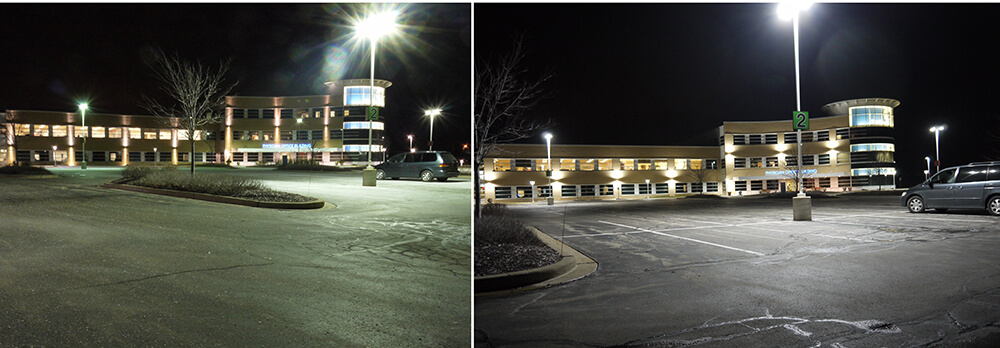 Side by Side comparison of Parkling Lot Lighting Upgraded to LEDs