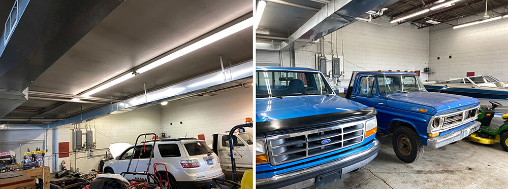 LED lighting installed in an auto shop