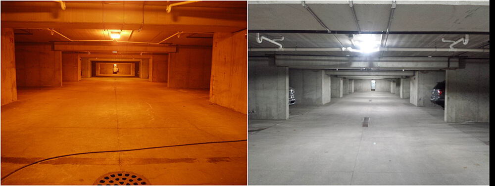 Side By Side Comparisons of HID & LED Fixtures Installed in a Parking Garage