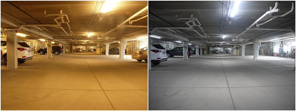 A parking Structure Before and After Installing LED Fixtures