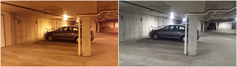 Before & After Parking Garage LED Fixture Upgrade